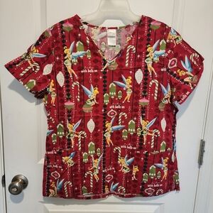 Disney Christmas Tinkerbell Red Holiday Theme Scrub Top Women's Large L Festive